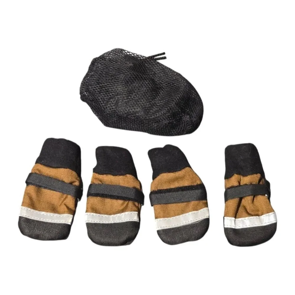Dog Shoes XS Paw Protection Brown Tan Reflective Winter Socks Set of 4 + Mesh Ba